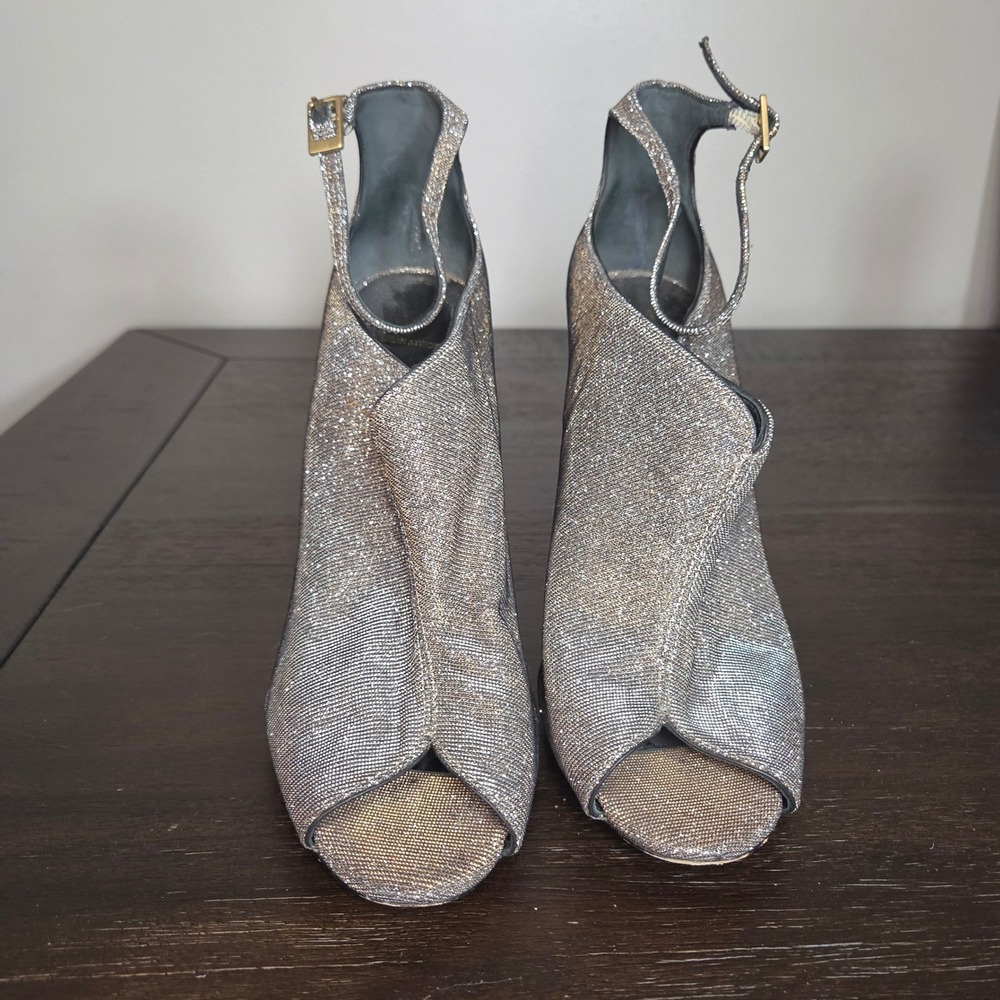 B Brian Atwood Glitter Metallic Stiletto Sandals 10 Peep Toe Evening Heels - Picture 10 of 11